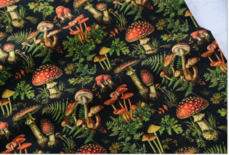 Mushroom Print Cotton Fabric Nordic Botanical Pattern for Sewing Bags Quilting DIY Crafts by Meter