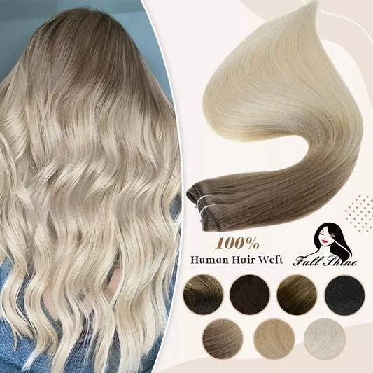 Verander Je Uiterlijk met Full Shine Ombre Blonde Menselijk Haar Weft Extensions - Zijdeachtig Steil 100g Remy Skin Dubbele Weft Bundels voor een Perfecte Salonafwerking!