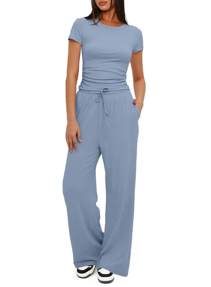 Stijlvolle Dames Twee-delige Set: T-shirt en Wijde Broek met Hoge Taille - Perfect voor Yoga, Sport en Casual Wear in Levensgrote Kleuren!