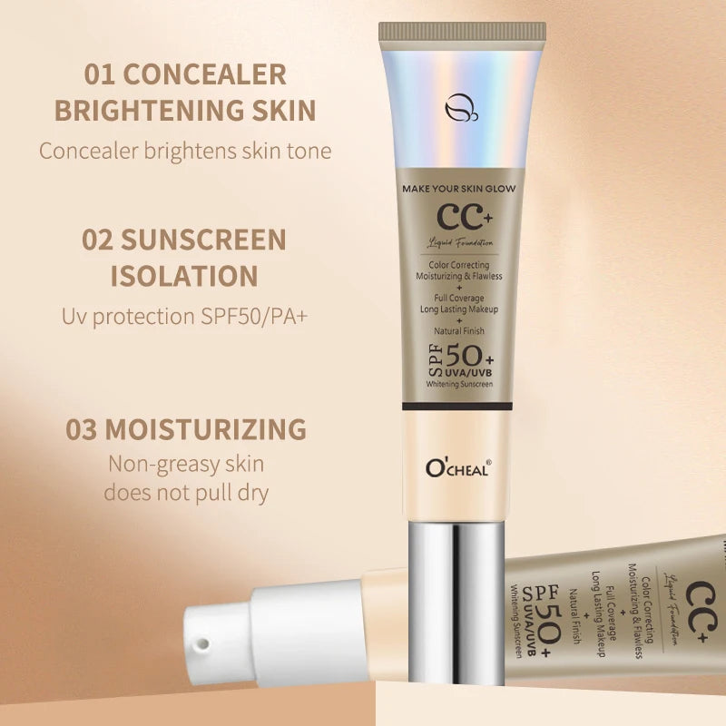 Ocheal 30g CC Cream Foundation - Waterdichte Concealer & Vochtinbrengende Zonnebrandcrème met SPF 50+ voor Langdurige, Verhelderende Make-up Primer