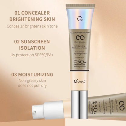 Ocheal 30g CC Cream Foundation - Waterdichte Concealer & Vochtinbrengende Zonnebrandcrème met SPF 50+ voor Langdurige, Verhelderende Make-up Primer