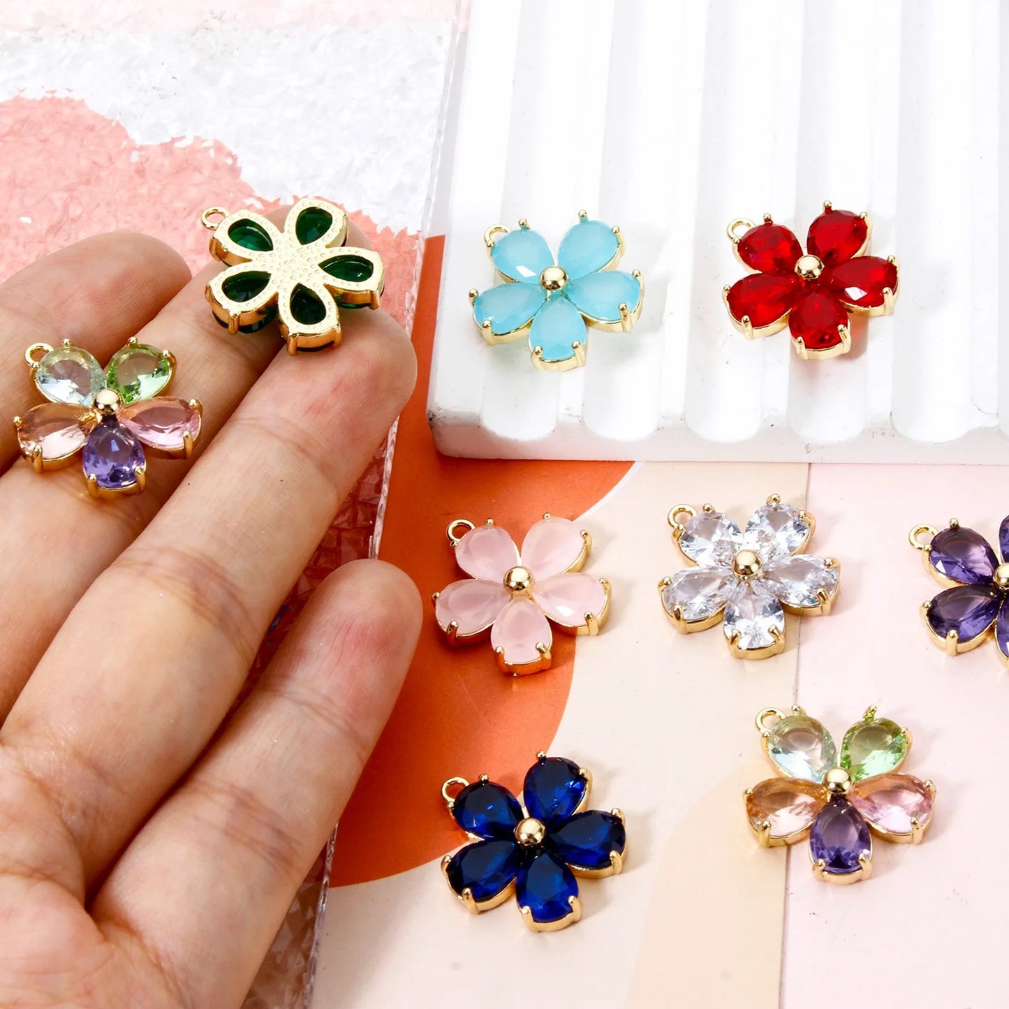 Glass Flower Charm 18K Gold Plated Brass Jewelry Making Supply