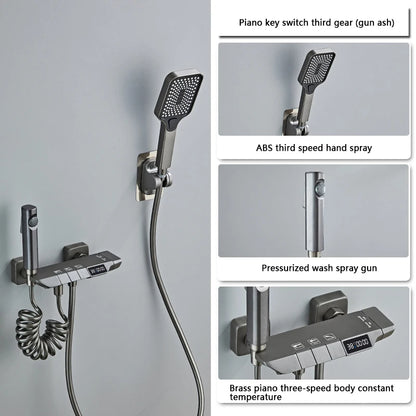 Strak Gun Grey Badkamer Douchesysteem met Piano-Toets Messing Afwerking - Moderne LED Digitale Kraan voor Warme en Koude Menging