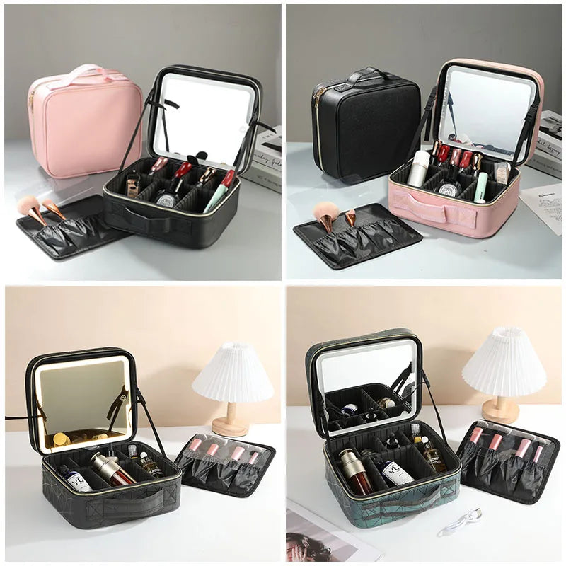 Strakke LED-verlichte cosmetica-etui met spiegel - Stijlvolle PU leren draagbare reismake-up organizer - Waterdichte make-upopslagoplossing