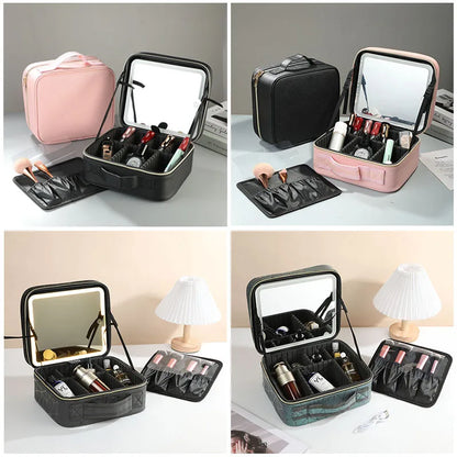 Strakke LED-verlichte cosmetica-etui met spiegel - Stijlvolle PU leren draagbare reismake-up organizer - Waterdichte make-upopslagoplossing