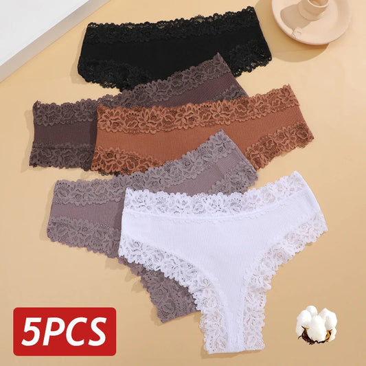 5-delige Vrouwen Kant Naadloze Katoenen Slipjes Set - Sexy Braziliaanse Stijl, Ademend, Zacht Plus Size Lingerie voor Meisjes (S-XL)