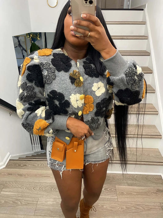 Chic Sibybo 3D Bloem Katoenen Ribbels Gebreide Cardigan - Stijlvolle Enkel-Breasted Trui voor Vrouwen - Perfect voor Casual Winterlooks