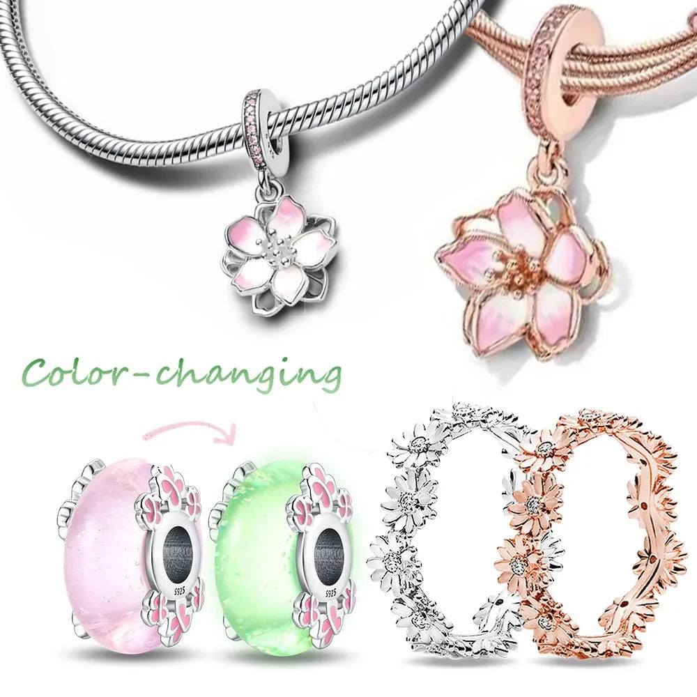925 Sterling Silver Cherry Blossom Charm Pink Flower Bead Fit Bracelets DIY Jewelry Gift for Women