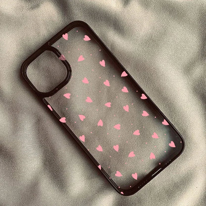 Chic Roze Hart Telefoonhoesje voor iPhone 14 Pro Max, 15, 13, 16, 12 Mini, 11, XR, XS, X en 7 Plus - Schattige Zwarte Transparante Harde Hoes