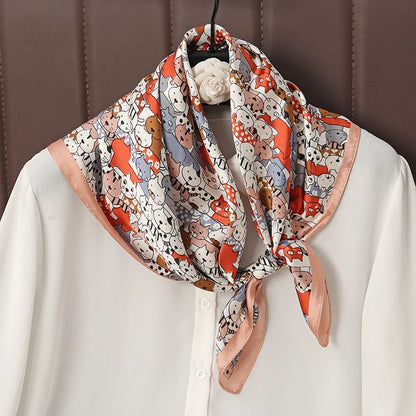 2024 Elegante Zijden Kattenprint Sjaal - Stijlvolle Hoofddoek & Sjaaltje voor Vrouwen - Luxueuze Satijnen Vierkante Sjaal & Multifuntionele Hijab Bandana