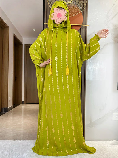 Elegante Katoenen Ramadan Abaya met Dubbele Hoeden - Prachtig Goudstofontwerp voor Moslimvrouwen met Gebed en Speciale Gelegenheden - Geïnspireerd door Dubai en Turkse Kaftanstijlen