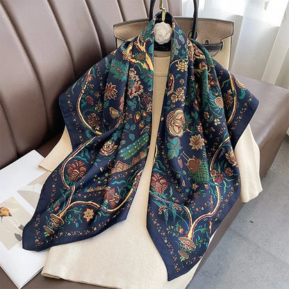 Elegante 90x90cm Twill Zijde-gevoel Vierkante Sjaal voor Dames - Luxe Haar Boomprint Hoofddoek, Sjaal en Nek Sjaal, Perfect voor Hijab of Bandana-stijl!