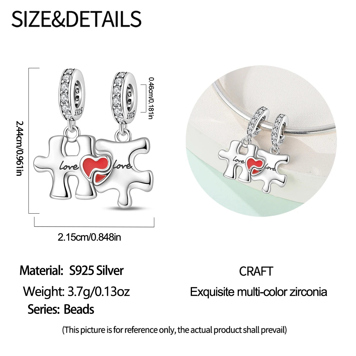 925 Sterling Silver Puzzle Charms Bead with Zircon Inlay DIY Bracelet Pendant Jewelry Making Supplies