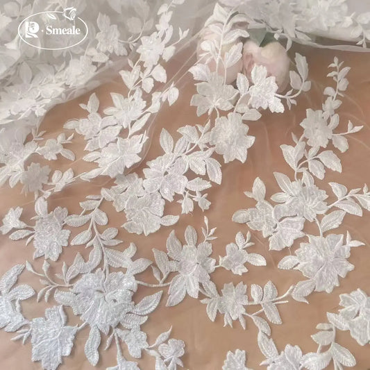 White Floral Embroidery Lace Fabric with Sequins Cotton Mesh Wedding Veil Sewing DIY Craft Supplies
