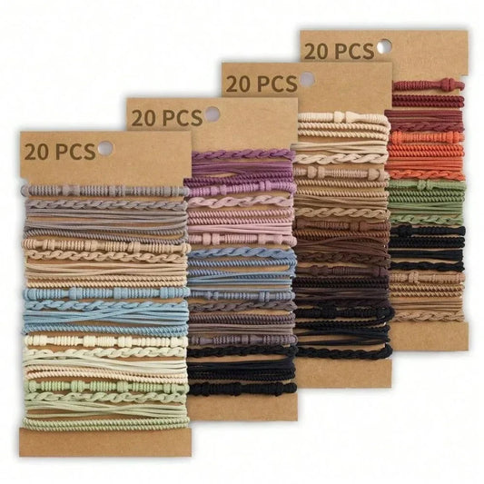 Set van 20 Boho-geïnspireerde elastische haarbanden en armbanden voor vrouwen - Stijlvolle zwarte paardenstaart houders en haarbanden