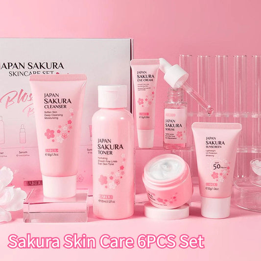 Compleet 6-delige Sakura Huidverzorgingsset: Luxe Gezichtscrème, Serum, Tonic, Reinigingsmiddel, Zonnebrandcrème en Oogcrème in een prachtige Cadeaubox