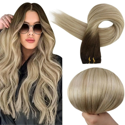 Verander Je Uiterlijk met Full Shine Ombre Blonde Menselijk Haar Weft Extensions - Zijdeachtig Steil 100g Remy Skin Dubbele Weft Bundels voor een Perfecte Salonafwerking!