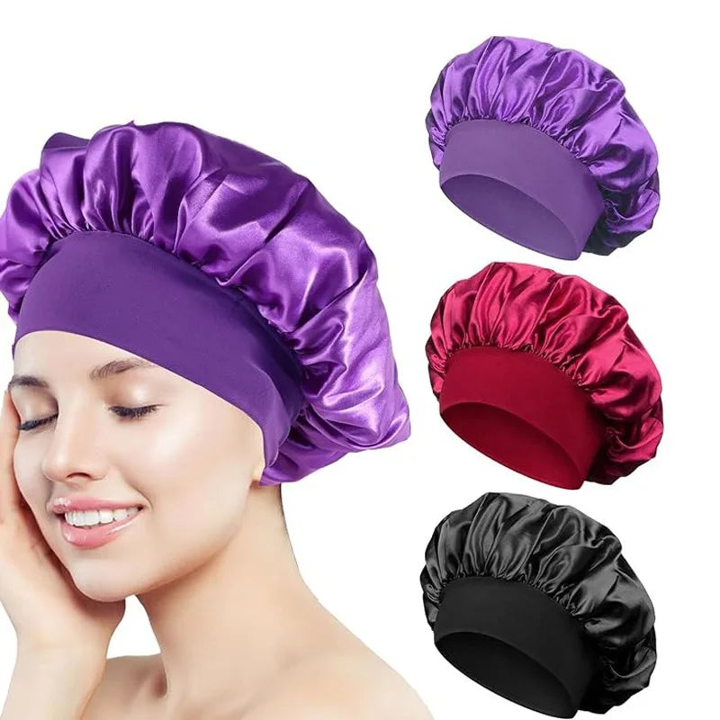 Bonnet Sleeping Cap Nightcap High Elastic Wide Brim Satin Night Hat Shower Silky Bonnet Hair Cover Wrap for Women Man Sleep Cap