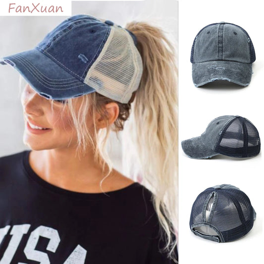 Chic Vintage Paardenstaart Baseballcap voor Dames - Verstelbare Snapback Mesh Zomerhoed met Versleten Afwerking