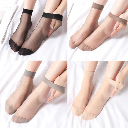 10 Paar Stijlvolle Transparante Zwarte en Huidskleurige Zijden Enkel Sokken voor Vrouwen - Perfect voor Zomer Mode!