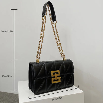 Chique Effen Kleine Vierkante Tas met Sluitschroef en Borduurgarens - Stijlvolle Schoudertas met Ketting voor Dames