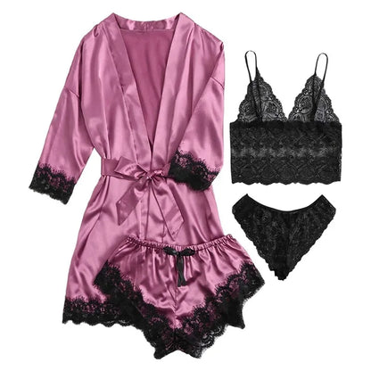 Chique 4-delige vrouwen satijnen pyjama set - Bloemenkant trim cami, shorts en luxueuze ochtendjas voor stijlvolle nachtmode in roze