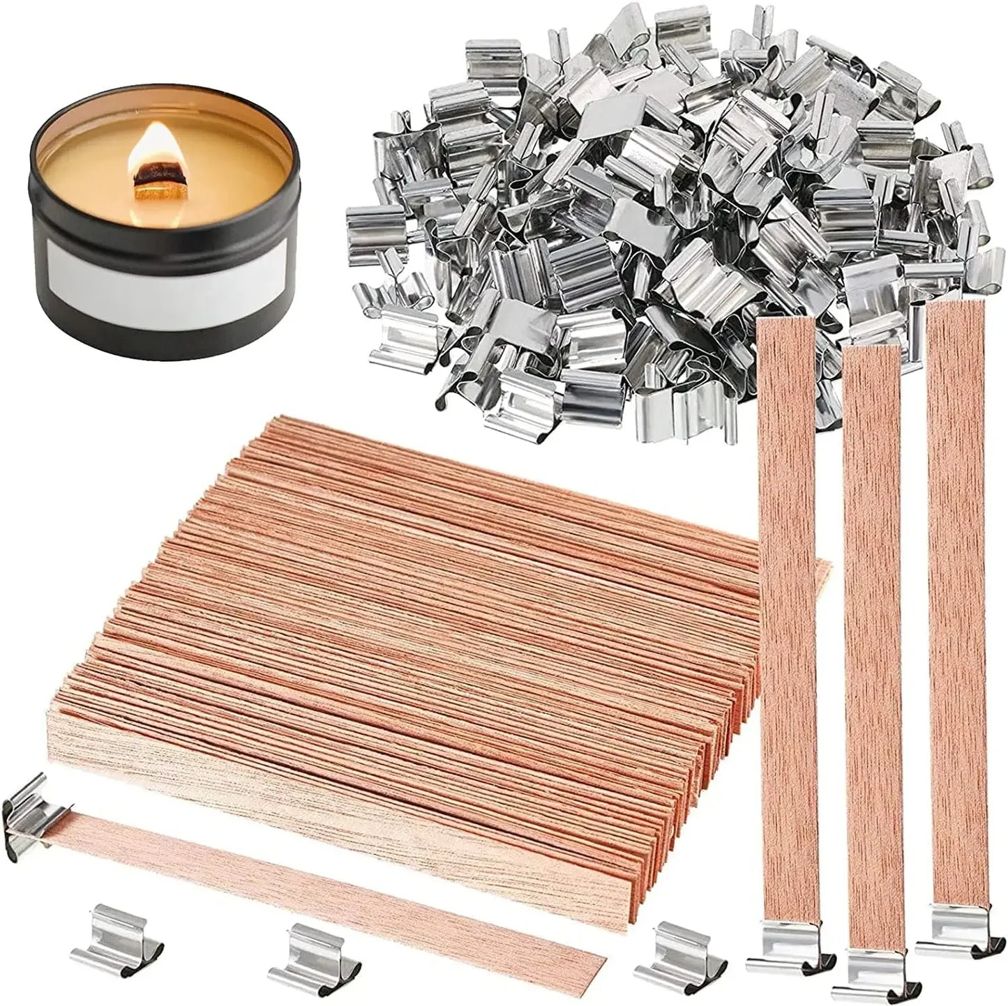 Wooden Candle Wicks with Metal Base Flat Wood Wick Tabs for Soy Wax DIY Candle Making Supplies