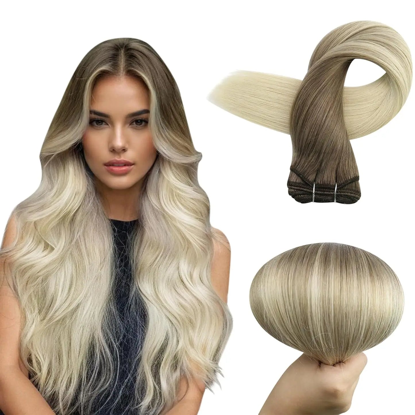 Verander Je Uiterlijk met Full Shine Ombre Blonde Menselijk Haar Weft Extensions - Zijdeachtig Steil 100g Remy Skin Dubbele Weft Bundels voor een Perfecte Salonafwerking!