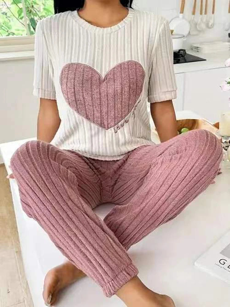 Charmante Hartpatroon Dames Pyjama Set - Korte Mouwen Top & Broek voor Gezellige Thuisontspanning