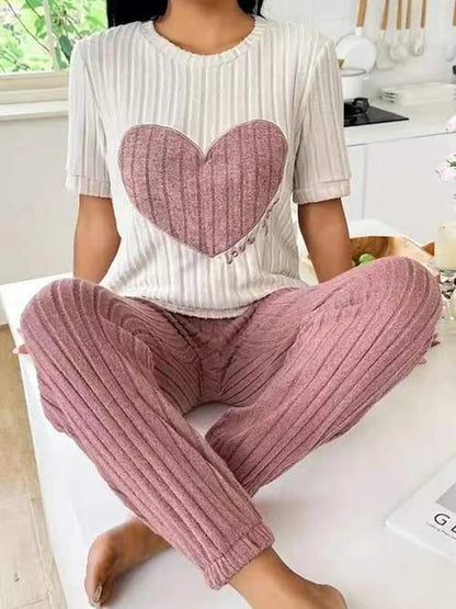 Charmante Hartpatroon Dames Pyjama Set - Korte Mouwen Top & Broek voor Gezellige Thuisontspanning