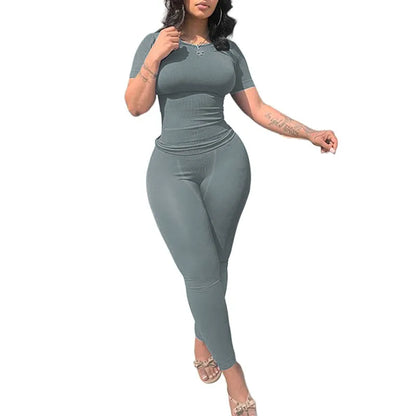 Chique Geribbelde 2-delige Zomer Lounge Set voor Vrouwen: Comfortabele Top & Rekbare Leggings Combinatie