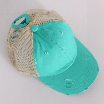 Chic Vintage Paardenstaart Baseballcap voor Dames - Verstelbare Snapback Mesh Zomerhoed met Versleten Afwerking