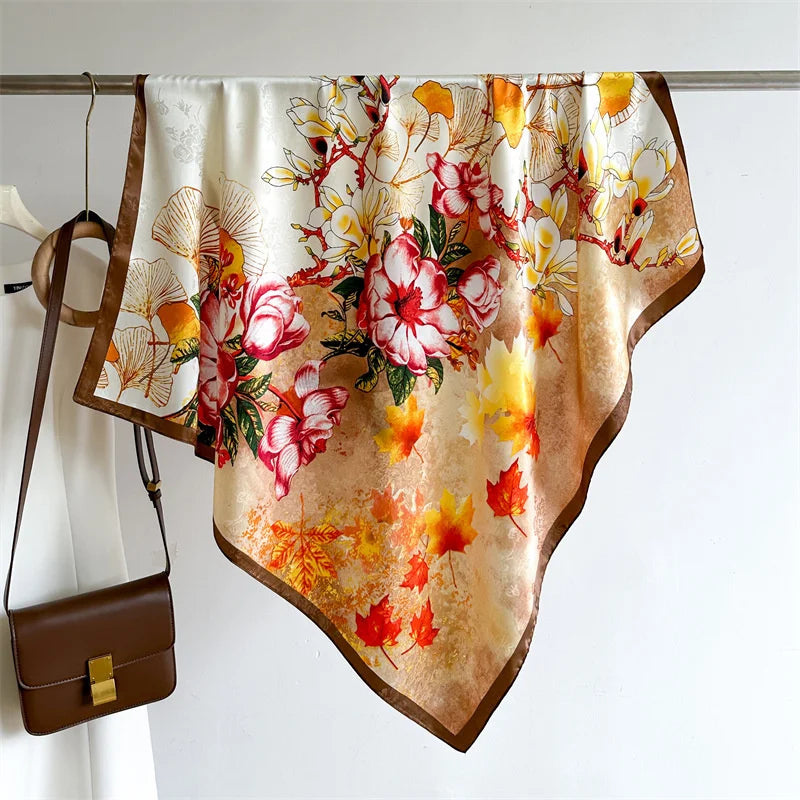 Elegante 90x90cm Twill Zijde-gevoel Vierkante Sjaal voor Dames - Luxe Haar Boomprint Hoofddoek, Sjaal en Nek Sjaal, Perfect voor Hijab of Bandana-stijl!