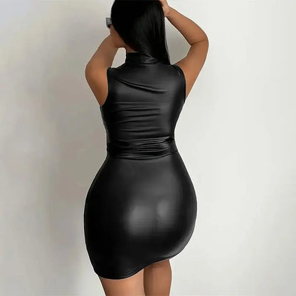 Chic Effen Kleur Bodycon Mini Jurk in PU Leer - Sexy Zonder Mouwen Ontwerp met een Flatterende Pasvorm en Heup-knuffelende Stijl