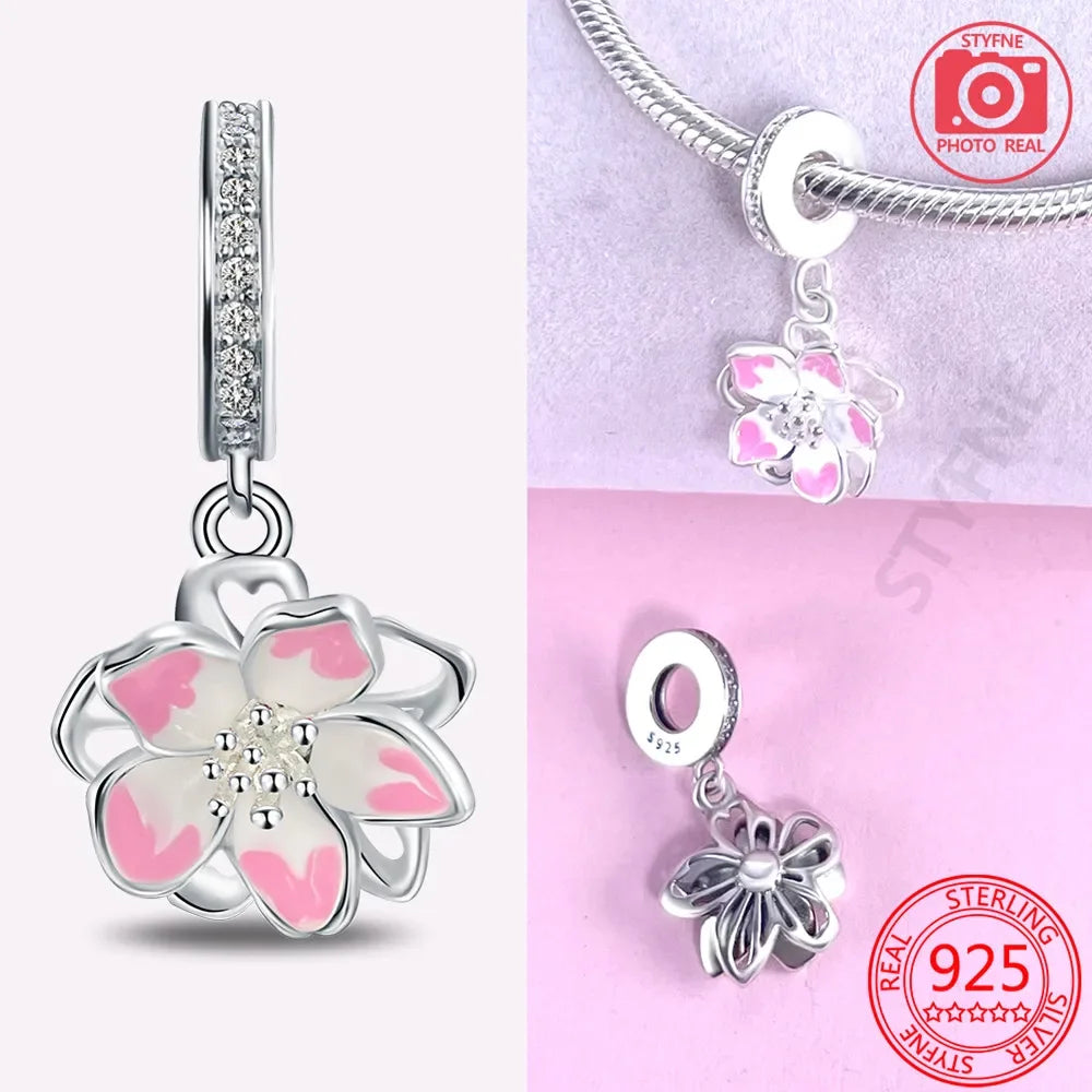 925 Sterling Silver Cherry Blossom Charm Pink Flower Bead Fit Bracelets DIY Jewelry Gift for Women