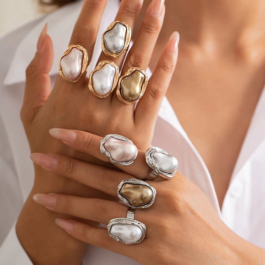 Elegante Onregelmatige Barok Imitatieparel Verstelbare Ringen voor Vrouwen - Esthetische Geometrische Bruiloftsjuwelen door Ingemark