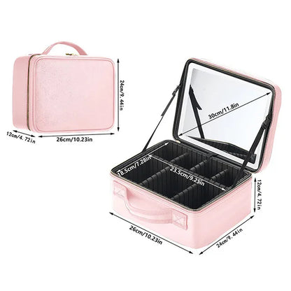 Strakke LED-verlichte cosmetica-etui met spiegel - Stijlvolle PU leren draagbare reismake-up organizer - Waterdichte make-upopslagoplossing