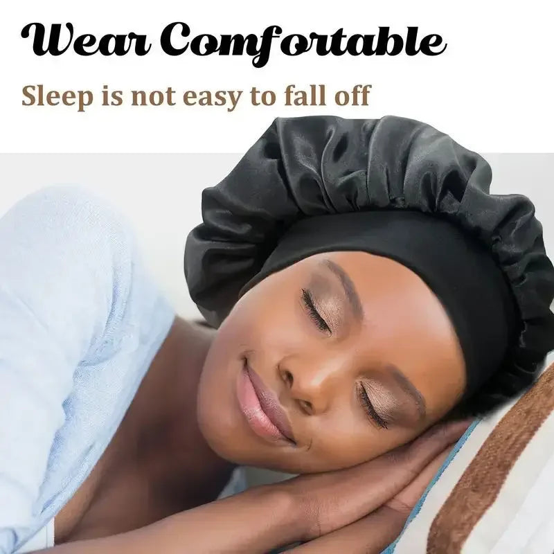 Satin Bonnets Night Sleeping Cap Large Elastic Wide Soft Band Colorful Silk Hat for Curly Hair Care Beauty Makeup for Women Men