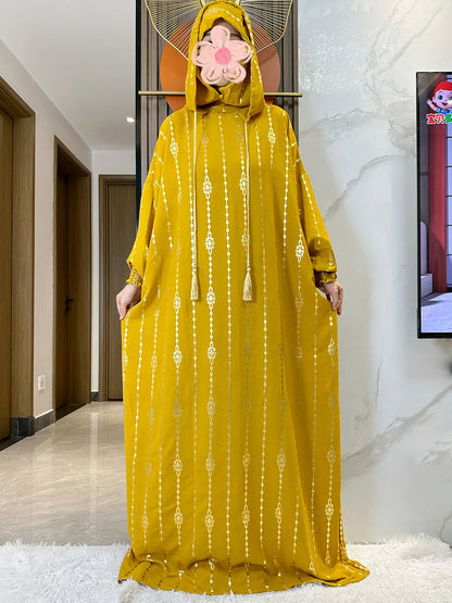Elegante Katoenen Ramadan Abaya met Dubbele Hoeden - Prachtig Goudstofontwerp voor Moslimvrouwen met Gebed en Speciale Gelegenheden - Geïnspireerd door Dubai en Turkse Kaftanstijlen