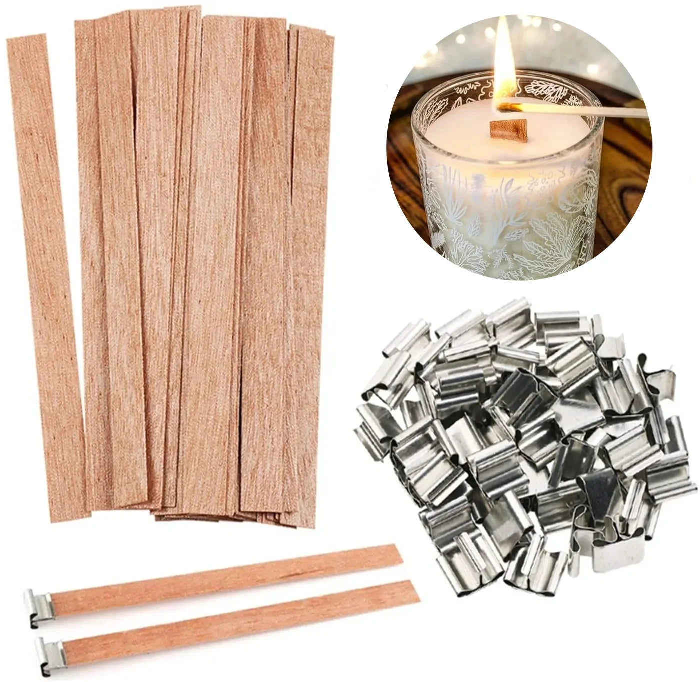 Wooden Candle Wicks with Metal Base Flat Wood Wick Tabs for Soy Wax DIY Candle Making Supplies