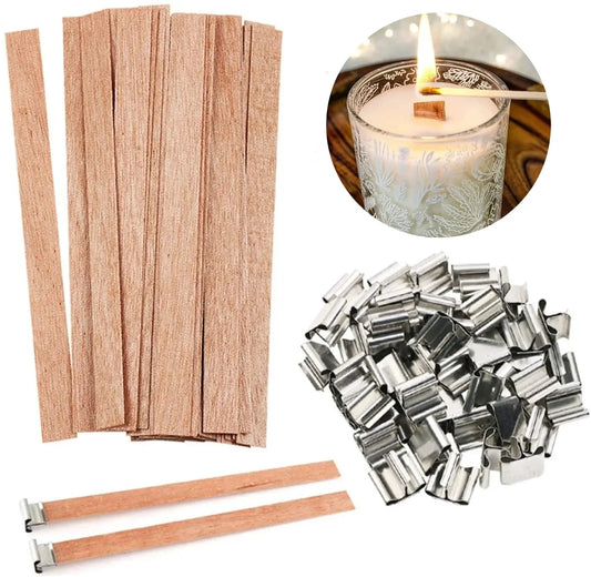 Wooden Candle Wicks with Metal Base Flat Wood Wick Tabs for Soy Wax DIY Candle Making Supplies
