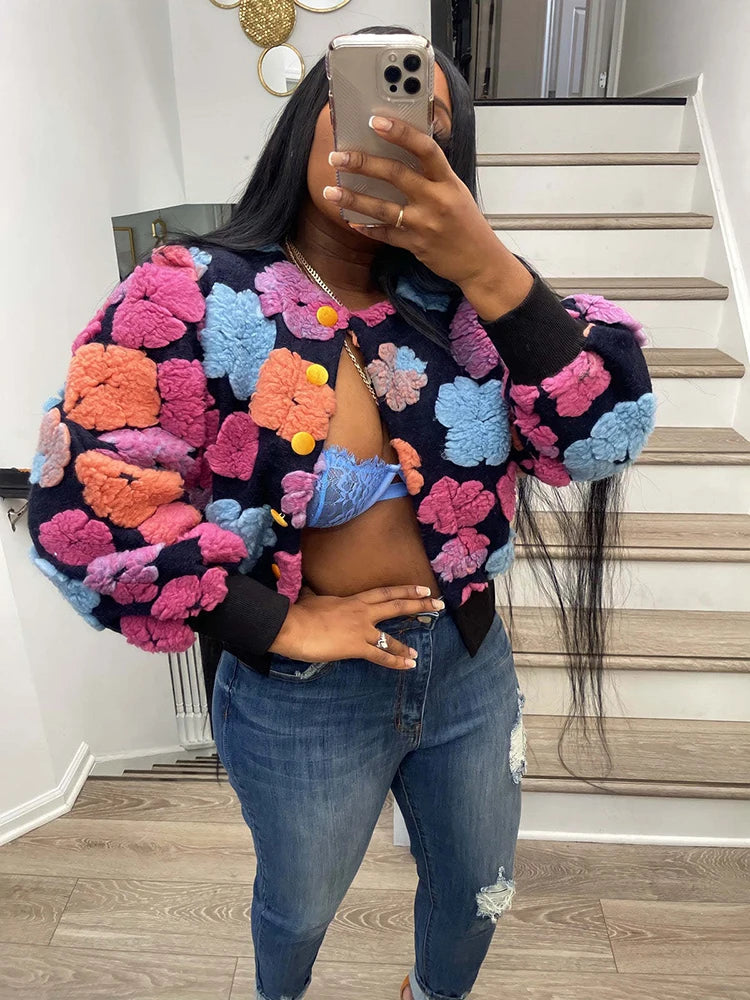 Chic Sibybo 3D Bloem Katoenen Ribbels Gebreide Cardigan - Stijlvolle Enkel-Breasted Trui voor Vrouwen - Perfect voor Casual Winterlooks