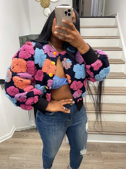 Chic Sibybo 3D Bloem Katoenen Ribbels Gebreide Cardigan - Stijlvolle Enkel-Breasted Trui voor Vrouwen - Perfect voor Casual Winterlooks