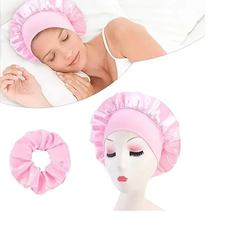 Satin Bonnets Night Sleeping Cap Large Elastic Wide Soft Band Colorful Silk Hat for Curly Hair Care Beauty Makeup for Women Men