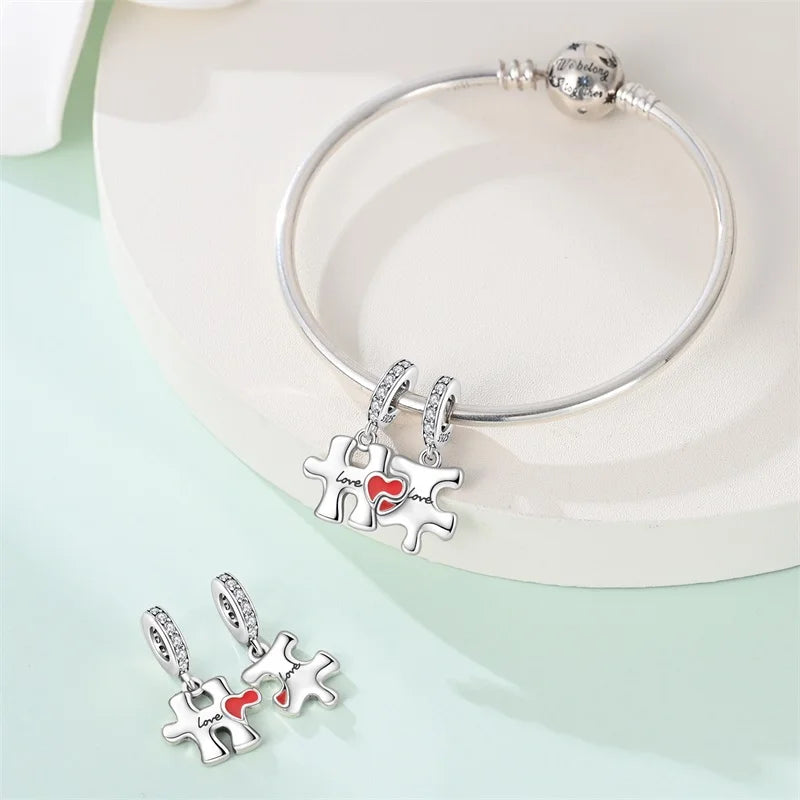 925 Sterling Silver Puzzle Charms Bead with Zircon Inlay DIY Bracelet Pendant Jewelry Making Supplies