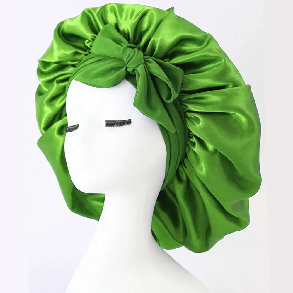 Satin Silk Hair Bonnet Adjustable Tie Band Wide-brimmed Night Sleeping Bathing Hat Bonnet for Women Unisex Protective Headwear
