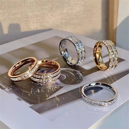 Elegante Roségouden Dubbele Rij Vierkante Zirkonia RVS Ring – Romantische Sieraden voor de Verloving en Bruiloft van Vrouwen
