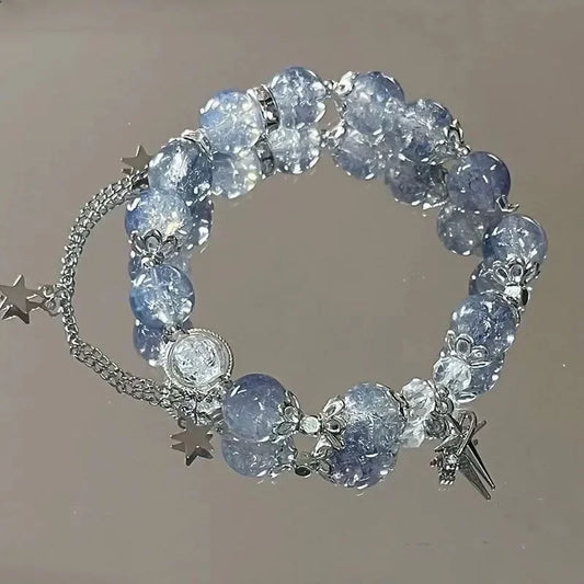 Betoverende Ster Kettingtassel Armband voor Vrouwen met Fantasie Blauwe Kristallen Kralen - Perfecte Elastische Touw Cadeau voor Beste Vrienden