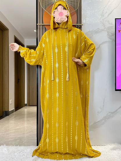 Elegante Katoenen Ramadan Abaya met Dubbele Hoeden - Prachtig Goudstofontwerp voor Moslimvrouwen met Gebed en Speciale Gelegenheden - Geïnspireerd door Dubai en Turkse Kaftanstijlen