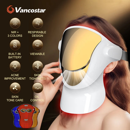 Revitaliserend NIR LED Gezichtsmasker - 3 Kleuren Roodlichttherapie voor Jeugdige Huid, Acne Behandeling en Rimpelvermindering - Volledige Gezichts- en Halsverzorging